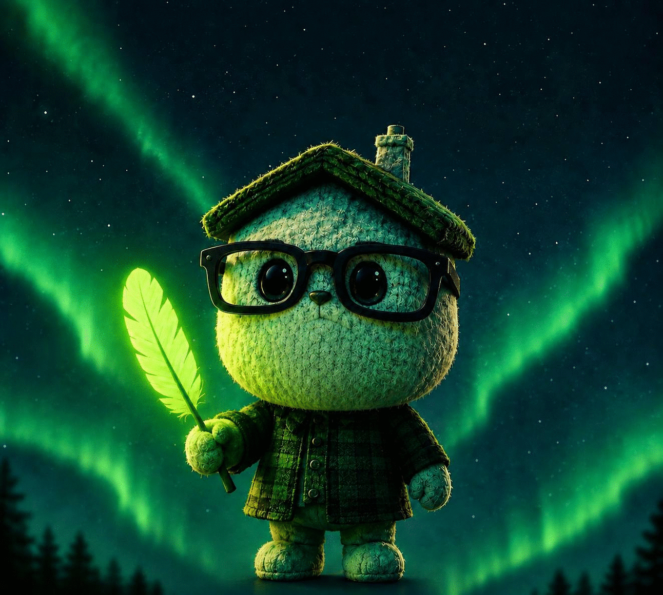 POPONS, a cozy plush creature with a mossy house hat and glasses, singing while holding a glowing feather under the aurora