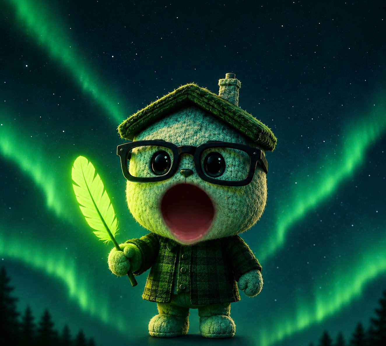 POPONS standing under a bright green aurora, holding a glowing feather